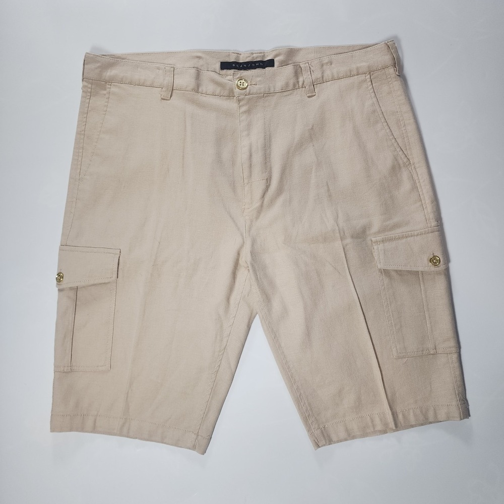 Sean John Linen Cargo Shorts Men Size 38 Beige Golden Buttons 12" Inseam Baggy
